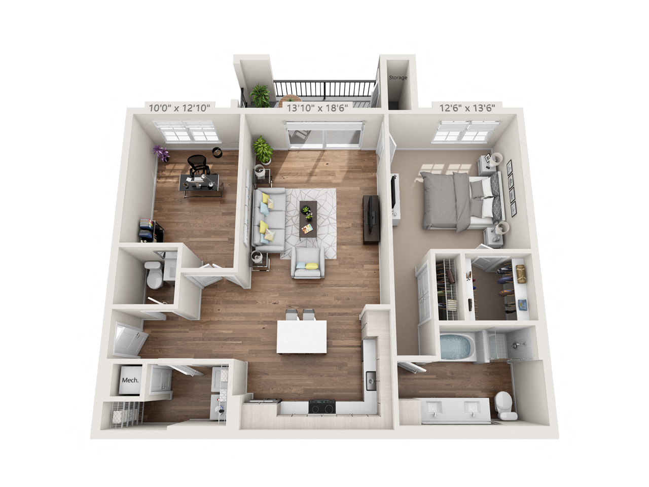 Floor plan for 1 bed, 1.5 baths, 1134 sqft